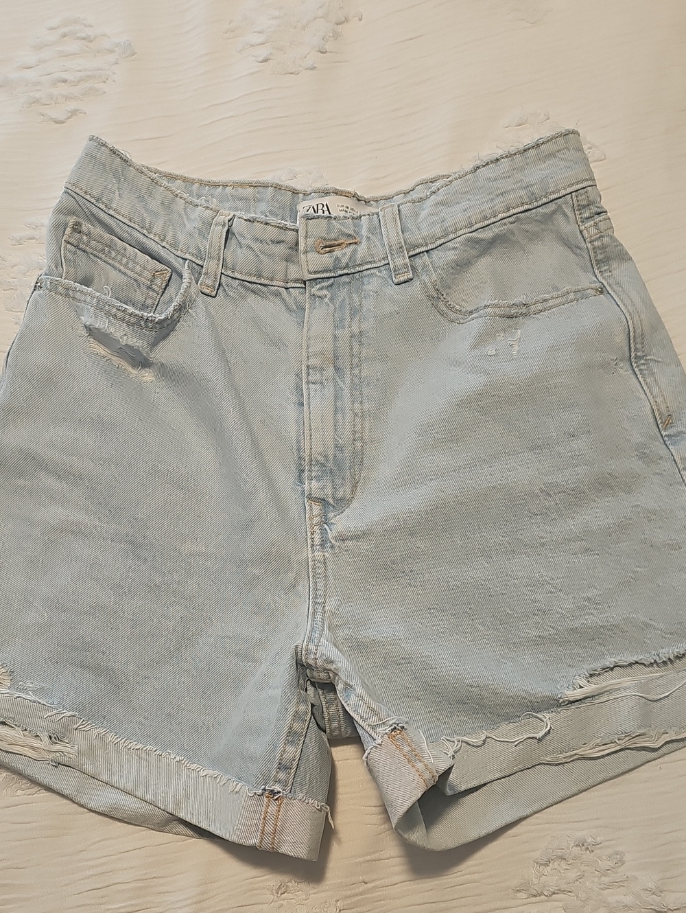 Zara Pale Blue High-Waist Distressed Denim Shorts